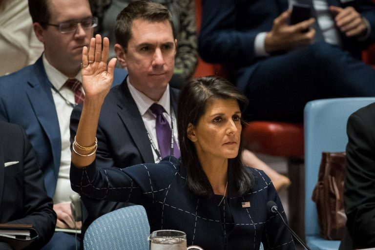 Nikki Haley, United States ambassador to the United Nations, raises her hand as she votes yes to levy new sanctions on North Korea designed to curb their nuclear ambitions during a meeting of the United Nations Security Council concerning North Korea at UN headquarters, September 11, 2017 in New York City. communist china is influencing the censorship habits of US Big Tech companies