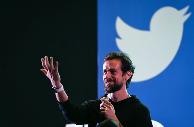 Twitter CEO and co-founder Jack Dorsey gestures while interacting with students at the Indian Institute of Technology (IIT) in New Delhi on November 12, 2018. Twitter’s market capitalization has increased by more than $16 billion since banning Donald Trump from its platform.