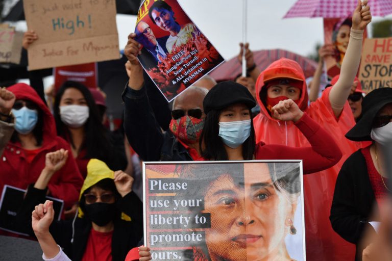 Protesters rally against the military coup and arrest of National League for Democracy (NLD) party leader Aung San Suu Kyi in Myanmar, at Parliament House on February 12, 2021 in Canberra, Australia