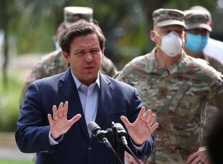 Florida Gov. Ron DeSantis gives updates about the state's response to the coronavirus pandemic during a press conference on April 17, 2020 in Fort Lauderdale. A DeSantis Executive Order eliminated all fines from COVID-19 lockdown measure enforcement by county and city government officials.