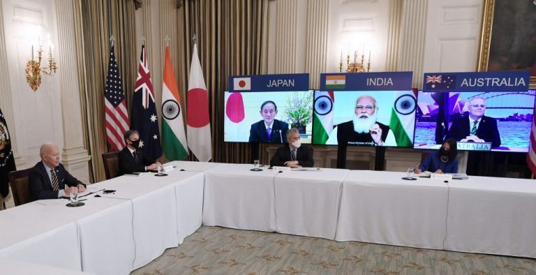 US President Joe Biden (L), with Secretary of State Antony Blinken (2nd L), meets virtually with members during the Quad Summit of Australia, India, Japan and the U.S., in the State Dining Room of the White House in Washington, D.C., on March 12, 2021. While the Quad focused on countering the Chinese Communist Party in the Asia-Pacific region under President Trump, the emphasis has instead changed to vaccine diplomacy and carbon-based climate change issues.