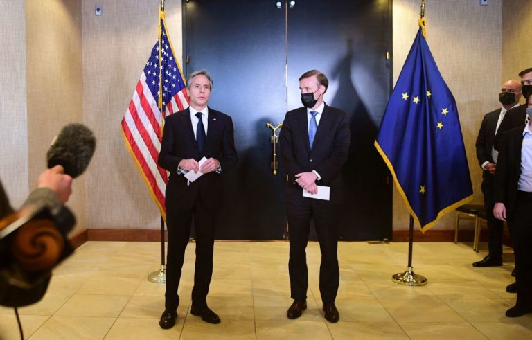 U.S. Secretary of State Antony Blinken (L) and National Security Advisor Jake Sullivan (R) address the media following the closed-door morning talks between the United States and China upon conclusion of their two-day meetings in Anchorage, Alaska on March 19, 2021. The Chinese Communist Party had President Biden’s staff on the back foot from the getgo as it promoted communism and showed defiance of an international rules-based order in the Anchorage talks.