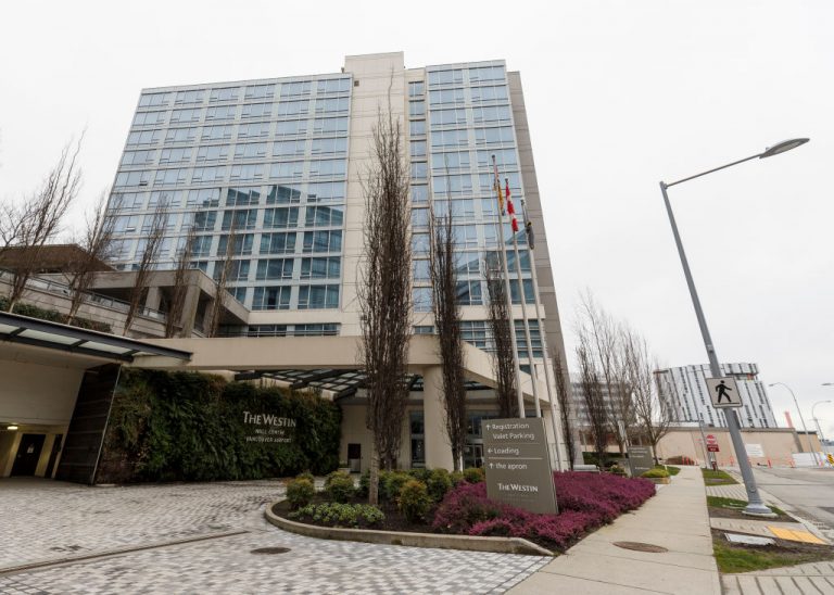 An exterior view of Westin Wall Centre Vancouver Airport on February 20, 2021 in Richmond, British Columbia, Canada. Air travellers arriving on February 22 or after must now stay three nights in Canada hotel quarantine and take a PCR test on arrival, at their own cost, to enter Canada