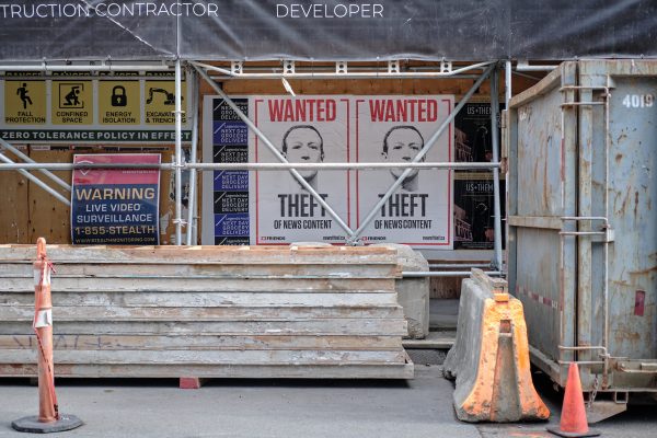 A satirical political “Wanted” poster of Facebook founder and CEO, Mark Zuckerberg, outside a Whole Foods. Facebook is under fire in Europe for its escalation of censorship.