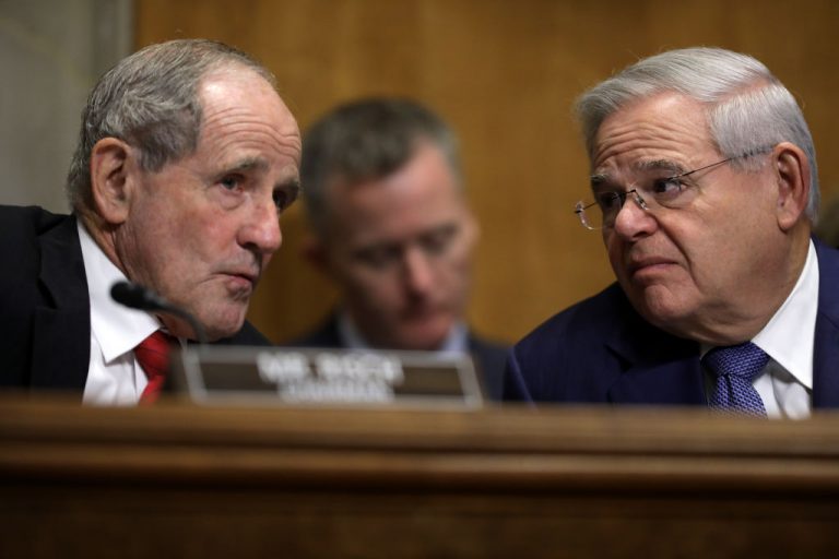 Senate Foreign Relations Committee Chairman James Risch (R-ID) (L) and ranking member Sen. Robert Menendez (D-NJ) talk during a hearing in the Dirksen Senate Office Building on Capitol Hill December 03, 2019, in Washington, DC. U.S. Senators laid out major bipartisan-sponsored legislation, dubbed the Strategic Competition Act of 2021