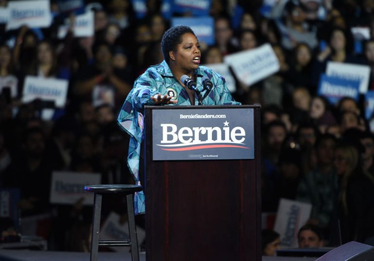 Black Lives Matter co-founder Patrisse Cullors, a self-described “trained Marxist,” speaks at a Bernie Sanders 2020 presidential campaign rally at Los Angeles Convention Center on March 1, 2020 in Los Angeles, California. Research by the National Legal and Policy Center using publicly available databases revealed Cullors has been amassing a fortune of mansions and property in elite white neighbourhoods. She claims her riches are to take care of her family.