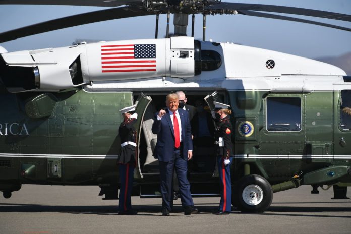 Former President Donald Trump arrives on Marine One to speak at a rally at Prescott Regional Airport in Prescott, Arizona on October 19, 2020.