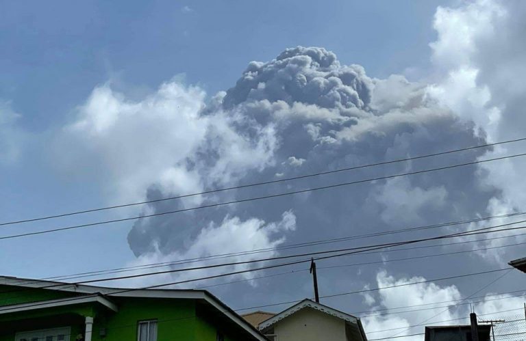 This April 9, 2021, image courtesy Zen Punnett shows the volcanic La Soufriere eruption from Rillan Hill in Saint Vincent. Some reports say residents will be required to take the AstraZeneca vaccine the island has been given by COVAX before they will be allowed to evacuate the island