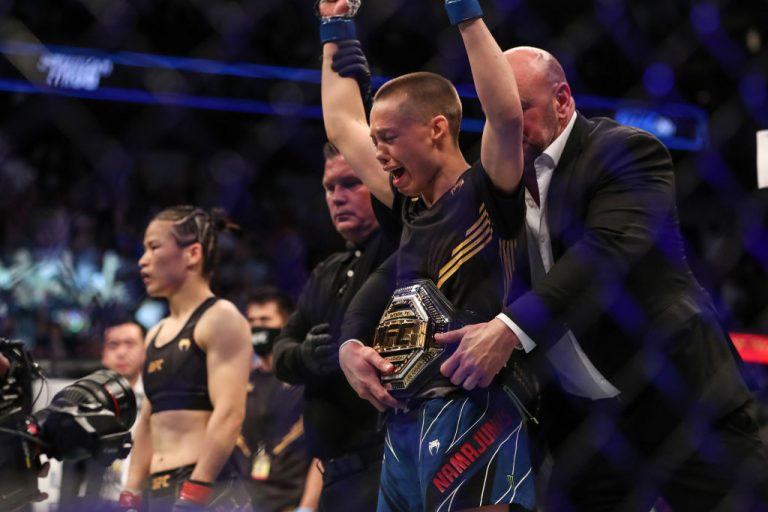 Lithuanian-born Rose Namajunas of the United States celebrates after beating Communist China’s Zhang during the Women's Strawweight Title bout of UFC 261 at VyStar Veterans Memorial Arena on April 24, 2021 in Jacksonville, Florida. Namajunas, whose family endured under the former USSR, shut critics up with a stunning victory after her “Better dead than red” anti-Communism pre-fight remarks.