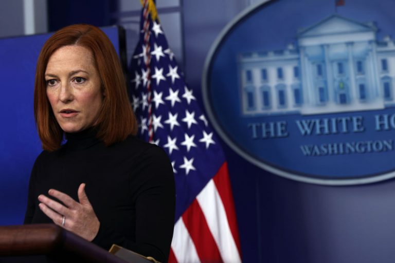 White House Press Secretary Jen Psaki speaks during a briefing at the White House April 9, 2021 discussing new guidelines on Taiwan foreign policy, where she said there has been a “concerning increase in PRC military activity in the Taiwan Strait, which we believe is potentially destabilizing,” and that the U.S. will be watching closely