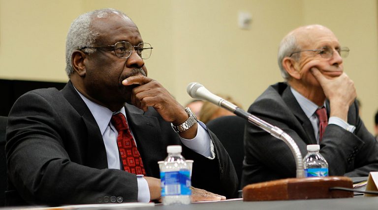 WASHINGTON - APRIL 15: U.S. Supreme Court Justices Clarence Thomas (L) and Stephen Breyer (R) testify during a hearing before the Financial Services and General Government Subcommittee of the House Appropriations Committee April 15, 2010. Justice Clarence recently addressed censorship issues, and the absolute authority that social media platforms have over user accounts.
