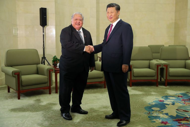 Samoa Prime Minister Tuilaepa Lupesoliai Sailele Malielegaoi (L) shakes hands with Chinese President Xi Jinping (R) at The Great Hall Of The People on September 18, 2018 in Beijing. Tuilaepa, who has ruled since 1999 and entered his country into a large amount of debt with the Chinese Communist Party, was ousted in the last election. His successor has openly declared she will scrap the country’s BRI agreement with Beijing.