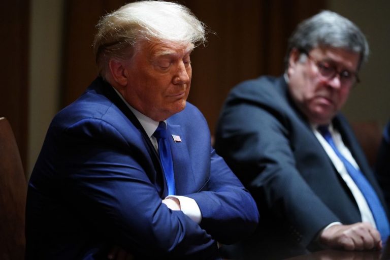 Former U.S. President Donald Trump and former Attorney General William Barr during a discussion with state attorneys general on protection from social media abuses in the Cabinet Room of the White House in Washington, D.C., on September 23, 2020. A recent investigation by National Pulse revealed a member of the Facebook Oversight Board, which upheld Trump’s ban, is connected to the Chinese Communist Party’s United Front Work Department.