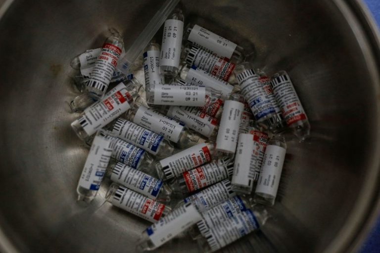 Vials of the Russian Sputnik V adenovirus vector SARS-CoV-2 vaccine at the Victorino Santaella Hospital in Los Teques, Venezuela on April 9, 2021. Brazil recently banned Russia’s vaccine candidate after discovering live adenovirus in samples and substandard manufacturing conditions in factories.