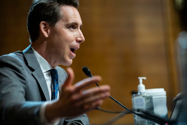 Sen. Josh Hawley (R-MO) speaks during a hearing of the Senate Judiciary Subcommittee on Privacy, Technology, and the Law, at the U.S. Capitol in Washington D.C., on April 27, 2021. Hawley believes Big Tech has formed a total monopoly and needs to be curtailed after Facebook’s independent Oversight Board upheld the decision to ban Donald Trump.