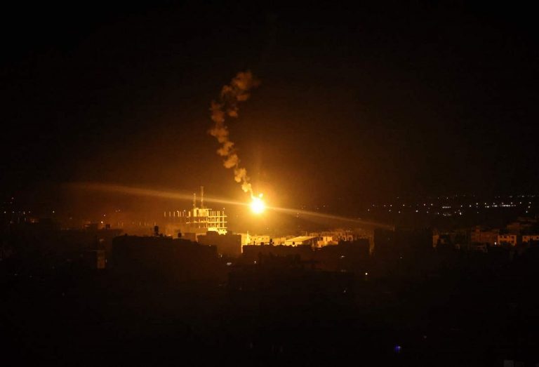 Israeli forces' flares light up the sky in Rafah in the southern Gaza Strip, on May 16, 2021. Israeli air strikes pounded the Gaza Strip while Palestinian militants launched rockets amid violence in the West Bank.