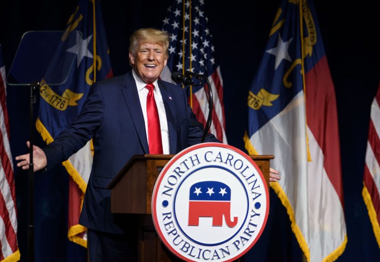 Former U.S. President Donald Trump addresses the NCGOP state convention on June 5, 2021 in Greenville, North Carolina. The event is one of former U.S. President Donald Trump’s first high-profile public appearances since leaving the White House in January.