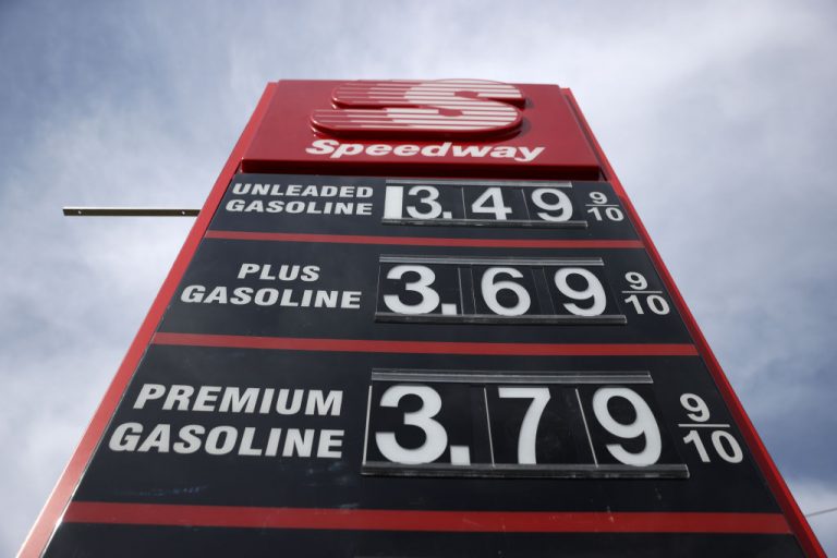 Gasoline prices are displayed at a Speedway gas station on March 3, 2021 in Martinez, California. One station in Beverly Hills and West Hollywood, LA, tagged just shy of the $6 per gallon mark for Super Plus over the Memorial Day Weekend.