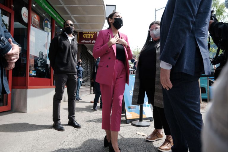 Rep. Alexandria Ocasio-Cortez (D-NY) is joined by New York Mayor Bill de Blasio as they promote vaccine acceptance in the Bronx on Friday afternoon on May 7, 2021 in New York City. AOC, a Democratic Socialist of America member, blames Donald Trump for her grandmother living in squalor in Puerto Rico.