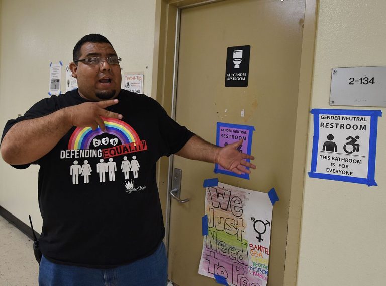 Jose Lara, Dean of the Santee High School talks to the press about the transgender issue beside the schools gender neutral restrooms at their campus in Los Angeles, California on May 4, 2016. The College of the Ozarks lost a court battle for a restraining order against a Biden-administration Executive Order that will require colleges to open bathrooms and bedrooms to self-identifying members of the opposite sex.