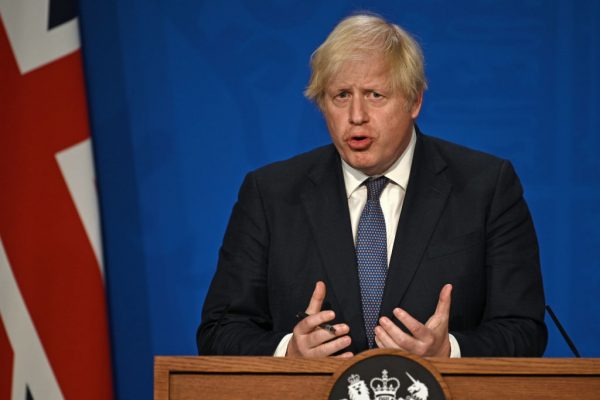 LONDON, ENGLAND - JULY 12: British Prime Minister Boris Johnson gives an update on relaxing restrictions imposed on the country during the coronavirus covid-19 pandemic at a virtual press conference inside the Downing Street Briefing Room on July 12, 2021 in London, England.