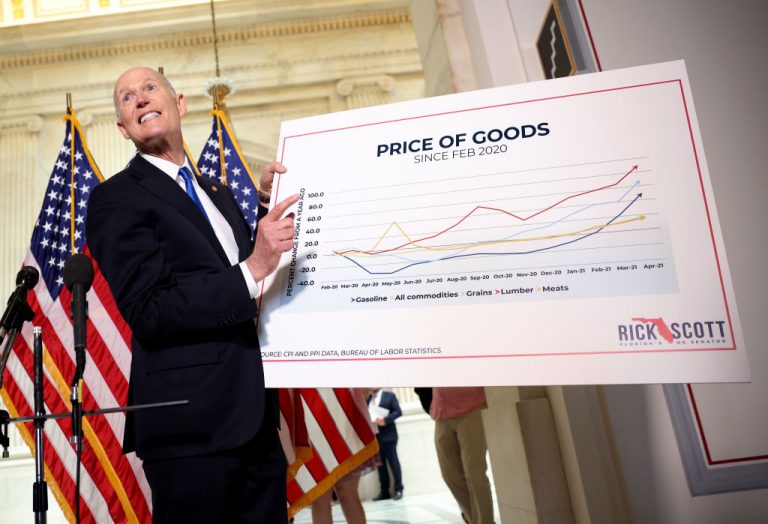 Sen. Rick Scott (R-FL) speaks before a Senate Republican Policy luncheon at the Russell Senate Office Building on May 18, 2021 in Washington, DC. Scott spoke on inflation and the rising cost of goods prior to the meeting.