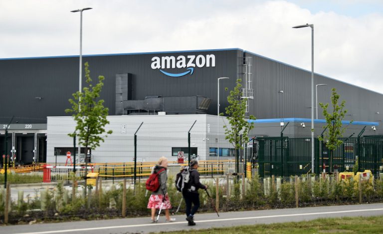 A general view outside an Amazon UK Services Ltd Warehouse at Leeds Distribution Park on May 27, 2021 in Leeds, England.