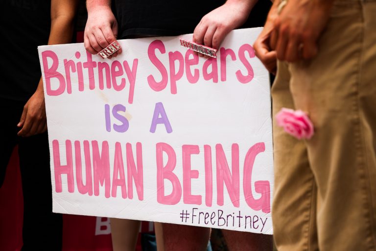 #FreeBritney activists protest at Los Angeles Grand Park during a conservatorship hearing for Britney Spears on June 23, 2021 in Los Angeles, California.