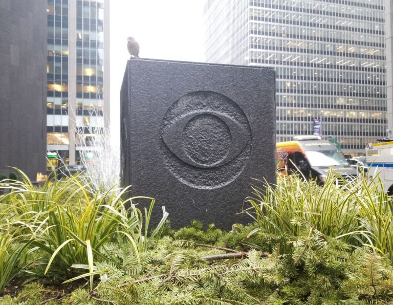 Logo in stone outside headquarters of broadcaster CBS in Manhattan, New York City, New York, February 6, 2020. A California CBS affiliate partnered with a mainland Chinese television station to openly promote the Chinese Communist Party to a U.S. audience.