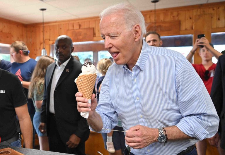 U.S. President Joe Biden eats ice cream at Moomers Homemade Ice Cream in Traverse City, Michigan on July 3, 2021. An anonymous buyer purchased advertising space on a digital billboard in Wilmington, North Carolina, mocking Biden for his disastrous withdrawal of U.S. armed forces from Afghanistan.