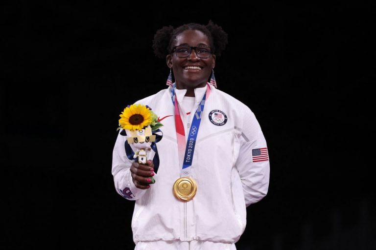 Gold medalist USA's Tamyra Mariama Mensah-Stock poses with her medal after the women's freestyle 68kg wrestling competition of the Tokyo 2020 Olympic Games at the Makuhari Messe in Tokyo on August 3, 2021.
