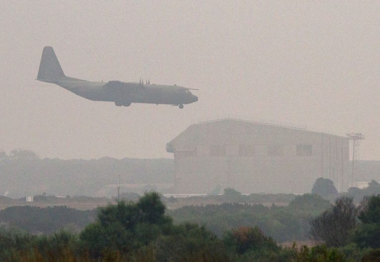 A Royal Air Force Hercules C-130 lands during a mission to Cyprus, on August 14, 2014. C-130’s, such as this one participating in an aid drop to stranded Yazidi refugees in Iraq, are reliable and tough.
