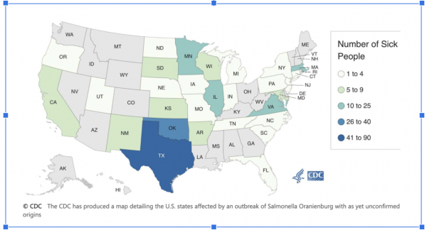 This map, provided to media by the CDC, shows the distribution of infections in the most recent salmonella outbreak.
