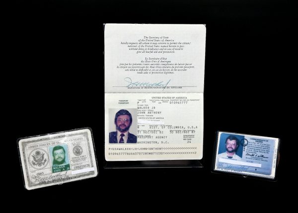 Identification documents used by convicted traitor John Anthony Walker Jr., a former U.S. Navy Warrant Officer who sold U.S. secrets to the Soviet Union during the Cold War. Walker was sentenced to life in prison. 