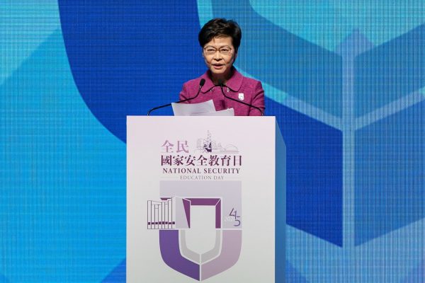 Hong Kong Chief Executive Carrie Lam delivers a speech during the National Security Education Day Opening Ceremony at the Hong Kong Convention Centre on April 15, 2021 in Hong Kong. With the National Security Law in full force, Hong Kong’s democracy is gone and the city now sees its greatest fear in living color: Chinese Communist Party rule. 