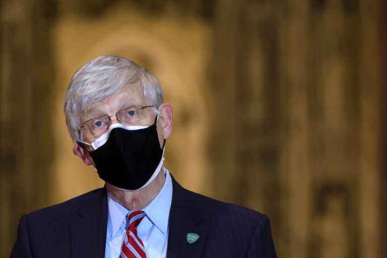 Former National Institutes of Health Director Francis Collins speaks during a vaccine acceptance public relations event at Washington National Cathedral on March 16, 2021 in Washington, D.C. Collins resigned from his position on Oct. 5, less than a month after The Intercept obtained 900 pages of FOIA documents showing the NIH and NIAID’s funding of gain of function research conducted with the Chinese Communist Party