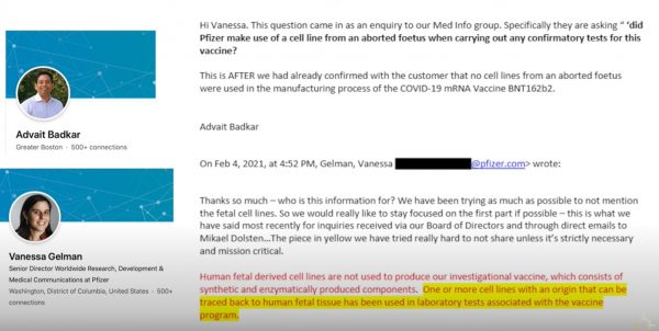 Email exchange from Vanessa Gelman, Pfizer Director of Worldwide Research, Development, and Medical Communication admitting human embryonic cells are used in the company’s vaccine development program.