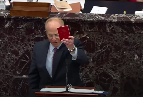 President Donald J. Trump’s attorney, David Schoen, holds up Mao Zedong’s infamous Communist indoctrination manual ‘Quotations from Mao Zedong’ during the Senate Impeachment Trial on Feb. 9, 2021. 
