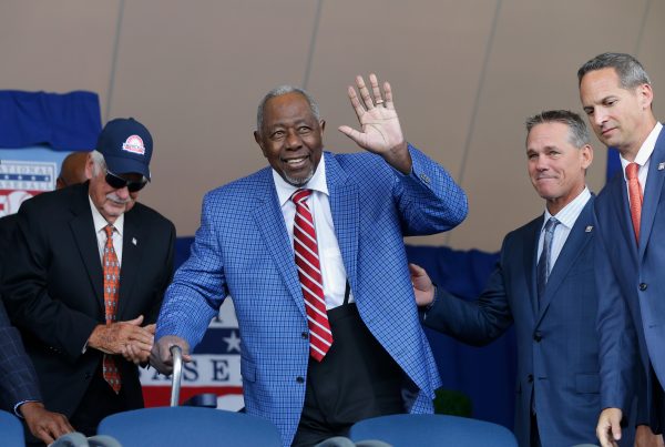 Baseball icon Henry Aaron is introduced at Clark Sports Center during the Baseball Hall of Fame induction ceremony on July 29, 2018, in Cooperstown, New York. 