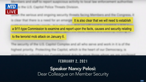 Screenshot of David Schoen’s presentation during Day 4 of the second Trump Impeachment Trial. Schoen argued if Speaker Pelosi was calling for a 9/11 style commission to investigate the facts and causes of the Capitol riots because they weren’t known, then it called into question how it could be known that President Trump was responsible. 