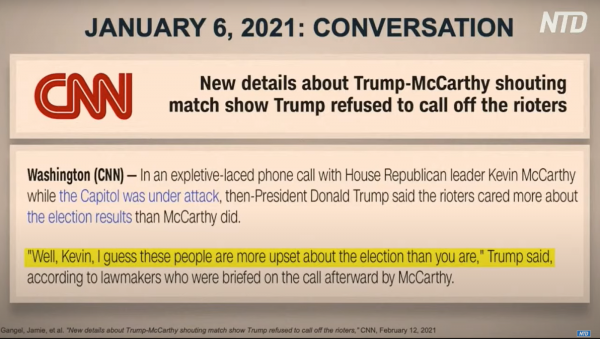 Screenshot of a story by CNN produced on Feb. 12, the previous day, containing hearsay from Rep. Jamie Herrera Beutler (R-WA) about an alleged conversation that took place between House Minority Leader Rep. Kevin McCarthy (R-CA) the day of the riots. The story was entered into the record in place of calling Herrera Beutler as a witness.