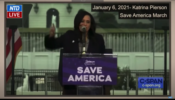 Screenshot of Rep. Madeline Dean’s (D-PA) closing arguments. Dean attempted to show a new video clip of Tea Party activist and communications director, Katrina Pierson, saying “They haven’t seen a resistance until they have seen a patriot fight for their country.” Trump’s Defense objected vehemently, but the House claimed the video was part of their submitted evidence. 