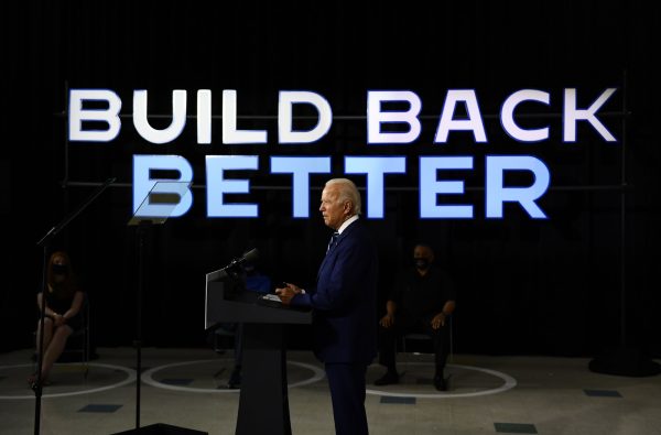 U.S. Democratic presidential candidate Joe Biden speaks about the third plank of his Build Back Better economic recovery plan on July 21, 2020, in New Castle, Delaware.