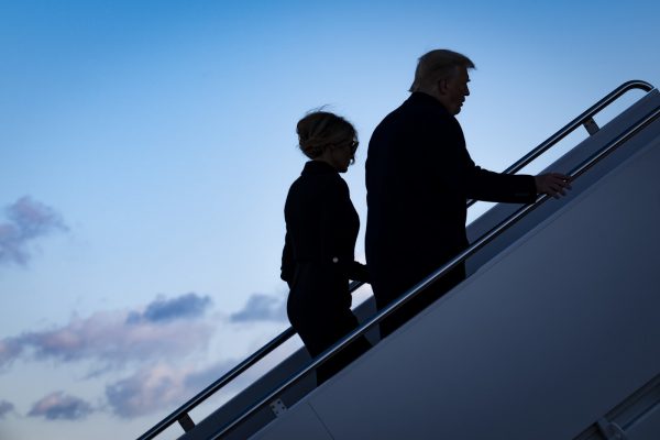 President Donald Trump and First Lady Melania Trump board Air Force One at Joint Base Andrews before boarding Air Force One for his last time as President on January 20, 2021, in Joint Base Andrews, Maryland. 