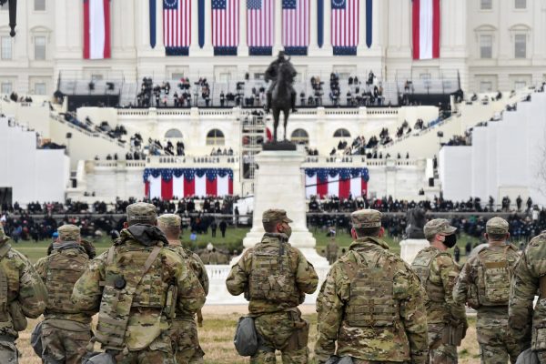 Members of the National Guard gather near the U.S. Capitol before the inauguration of U.S. President-elect Joe Biden and Vice President-elect Kamala Harris on January 20, 2021, in Washington, D.C. 