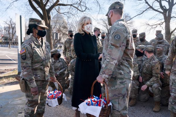 First Lady Jill Biden greets members of the National Guard with chocolate chip cookies outside the Capitol on January 22, 2021, in Washington, D.C. 