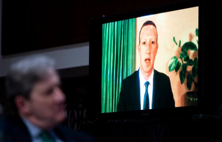 Mark Zuckerberg, Chief Executive Officer of Facebook, testifies remotely as Sen. John Kennedy, R-La., looks on during the Senate Judiciary Committee hearing on "Breaking the News: Censorship, Suppression, and the 2020 Election" on November 17, 2020 in Washington, DC.