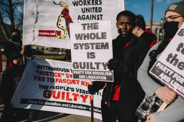 Socialists protest the acquittal of Kyle Rittenhouse by a jury of his peers. The trial upheld due process and rule of law despite enormous political pressure and threats of violence.