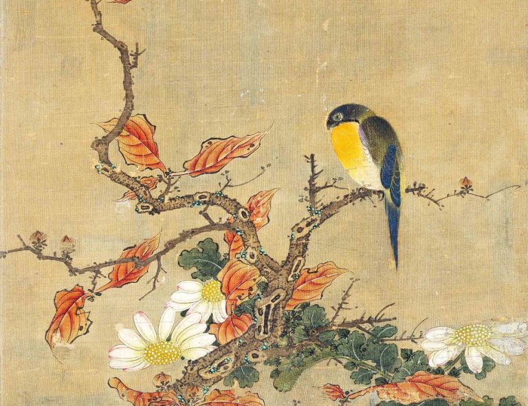 Chinese-painting-of-yellow-bird-in-story-of-good-deed-rewarded-Wikimedia-Commons