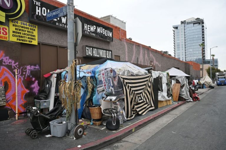 Tents of unhoused people line a street in Hollywood, California, September 1, 2021.